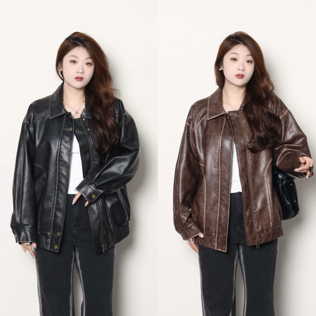 QC-宣宣【机车酷飒风】微胖大码女秋百搭做旧pu机车外套 ZY407J85