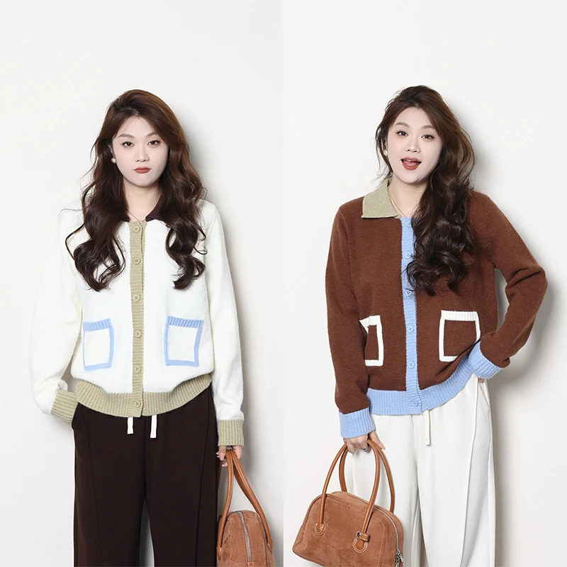 QC宣宣【预备甜心】微胖大码女秋冬气质百搭撞色针织开衫ZY409Q11