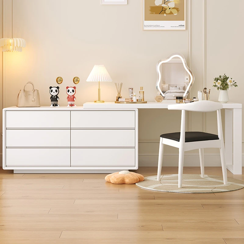 实木梳妆台斗柜一体卧室简约家用可伸缩书桌床尾奶油风网红化妆桌