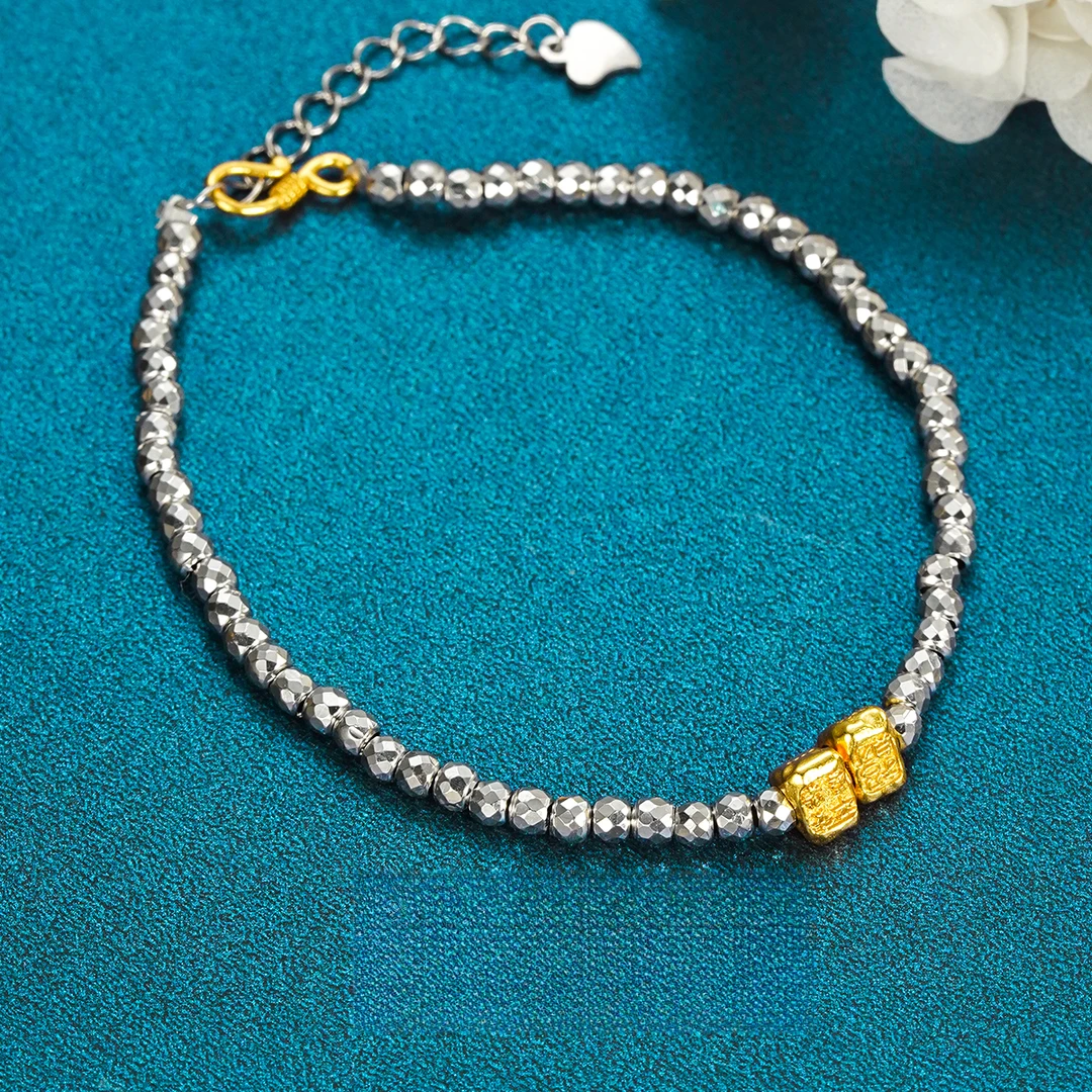 九乐 925银手链 七夕情人节金色平安喜乐蹦迪珠手链复古个性时尚