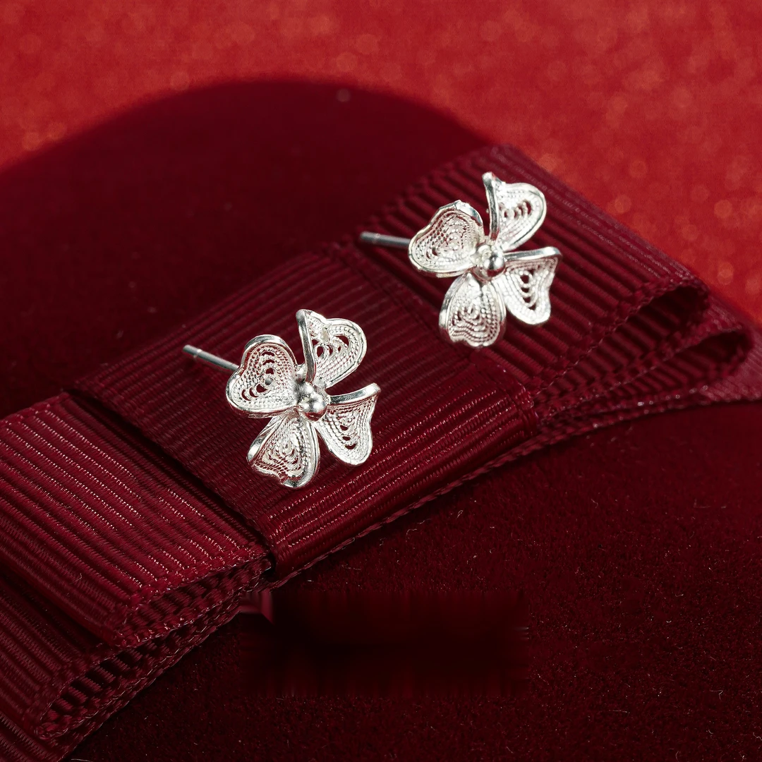 九乐 925银耳饰 掐丝爱心四叶草耳钉精致小巧清新甜美耳饰百搭