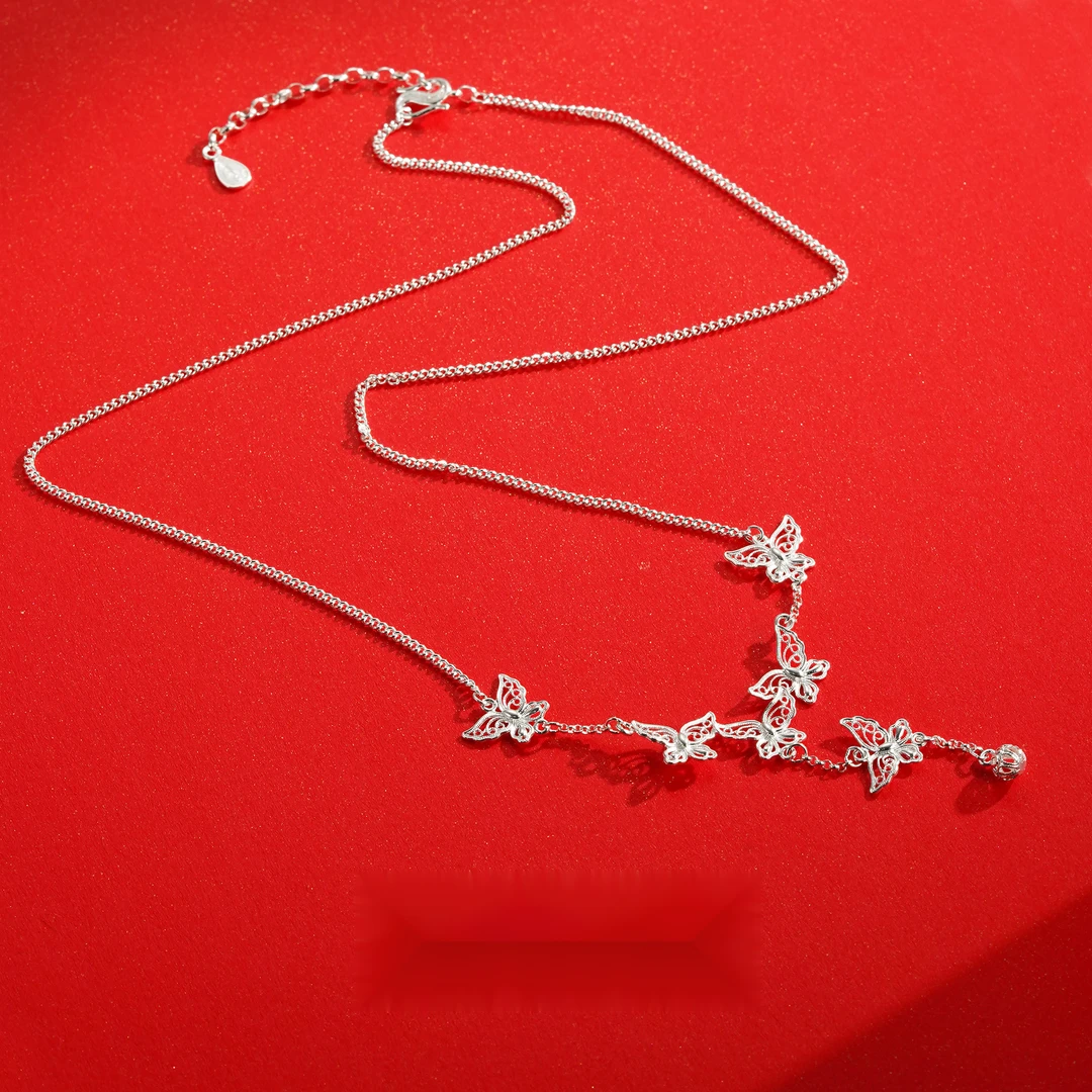 九乐 坠链均足银 六个花丝蝴蝶平板项链精致时尚轻奢超仙可调节