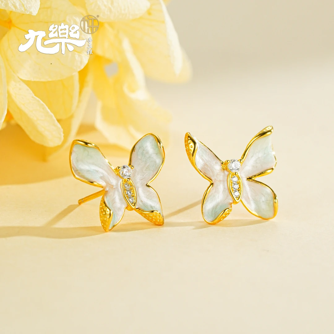 九乐 925银珐琅耳饰 电金分色锆石蝴蝶耳钉