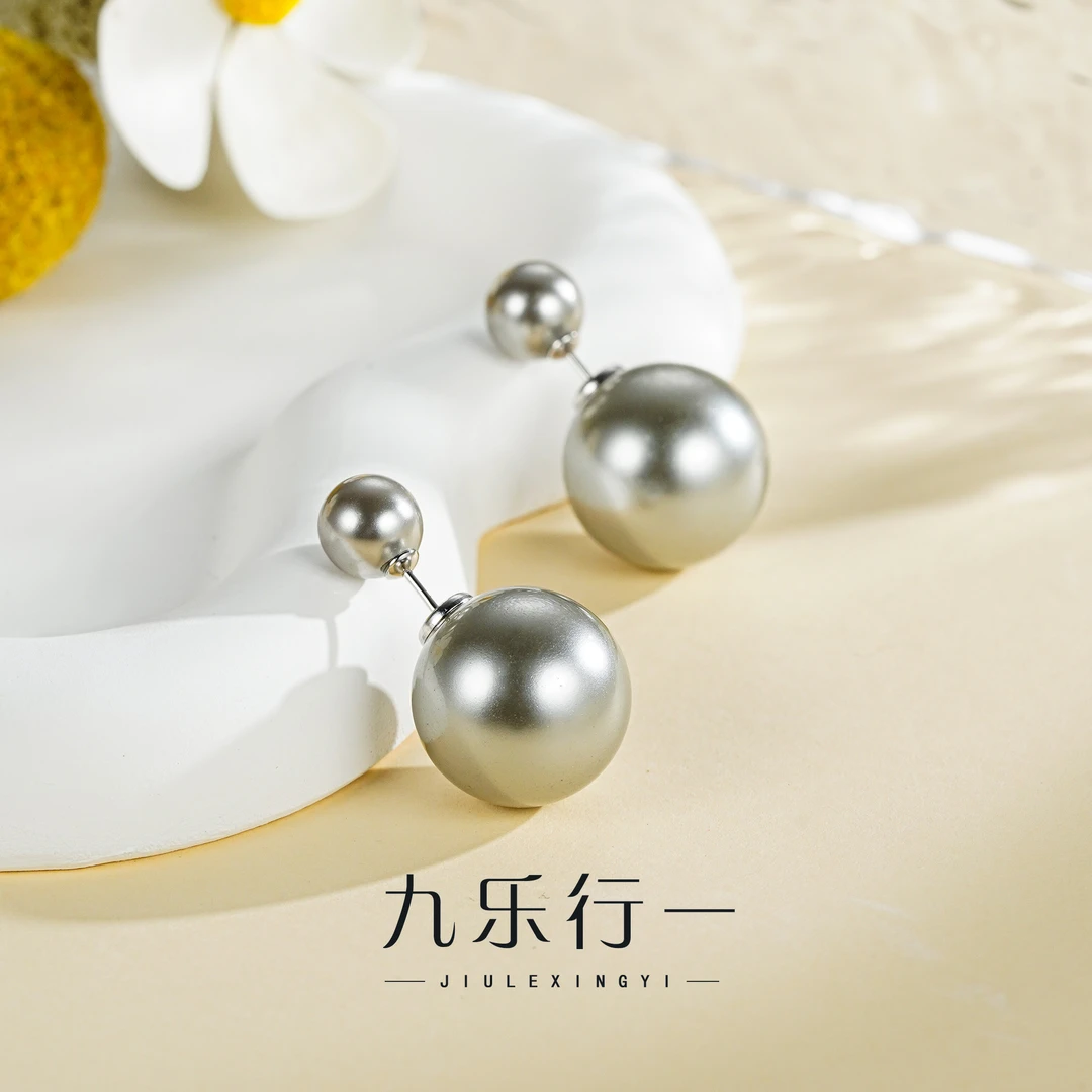 九乐 925银仿珍珠耳饰 灰色贝珠耳钉复古法式经典简约时尚百搭