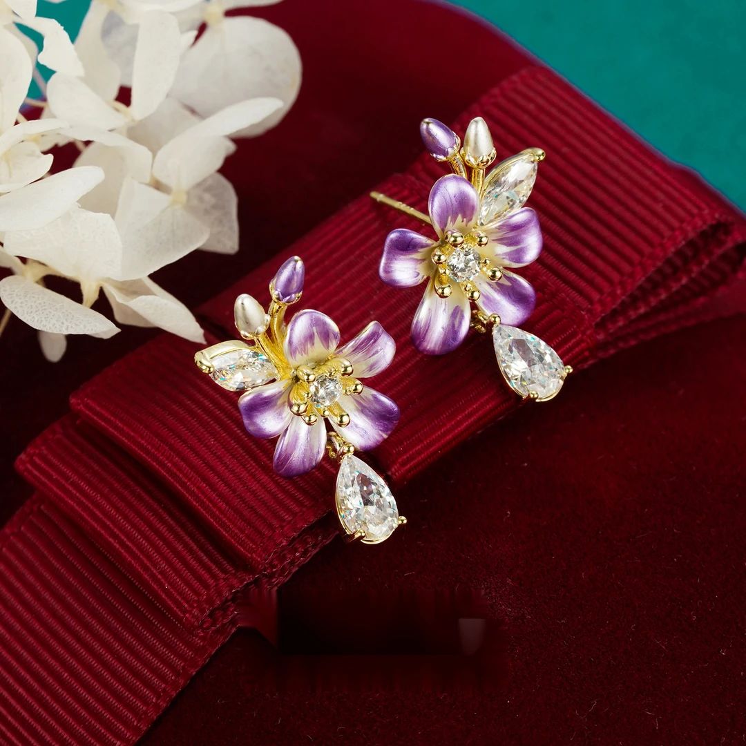 九乐 925银合成锆石耳饰 七夕情人节紫色锆石花朵耳钉复古温柔优