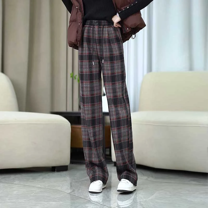 秋冬新款加绒加厚毛呢格子窄版阔腿裤女休闲高腰直筒裤