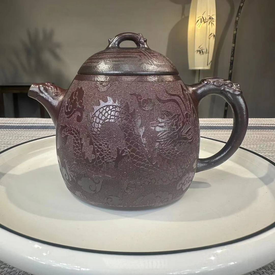 043宜兴原矿紫砂壶石红龙纹双龙秦权手工紫砂壶400cc