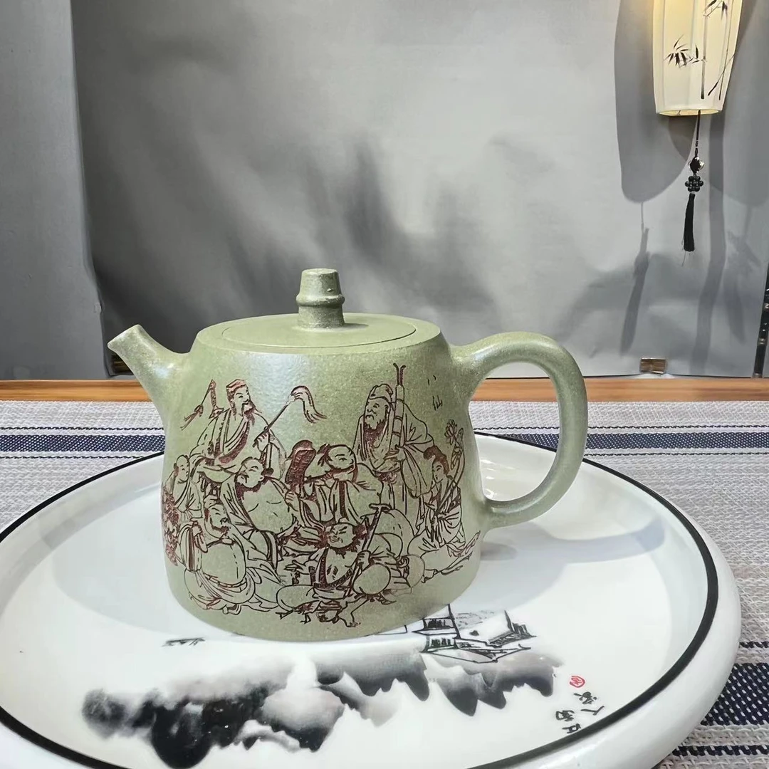 宜兴丁蜀镇高端精美八仙过海大品汉铎豆青砂紫砂壶450cc