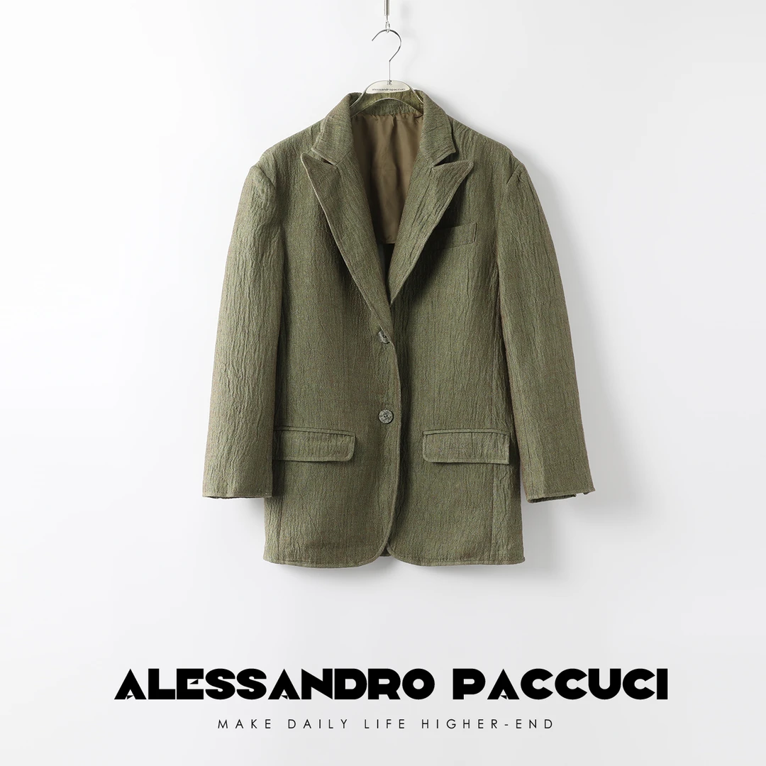 AP洛哥23864X【青苔】亚麻＆棉 肌理感翻驳领立裁阔版百搭西装外套