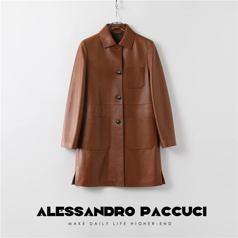AP洛哥25409X 法式优雅羊皮 气质复古翻领中长款皮风衣外套