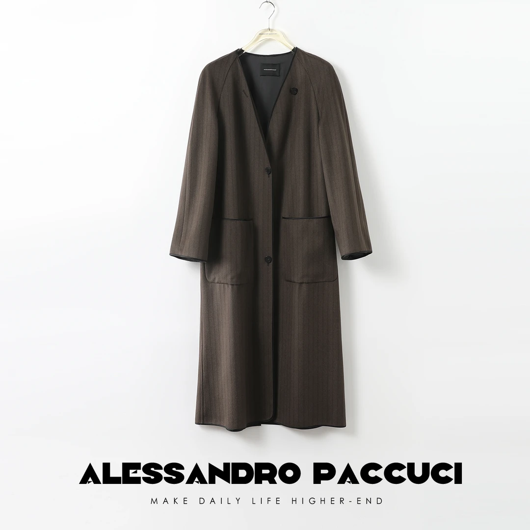 AP洛哥25780X独定美利奴羊毛羊绒 朦胧条纹极简温暖廓形休闲大衣