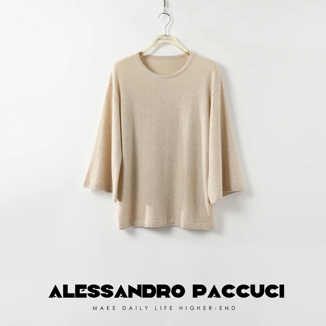 AP洛哥24559X 多色100羊绒圆领卷边设计时尚百搭七分袖套头毛衣