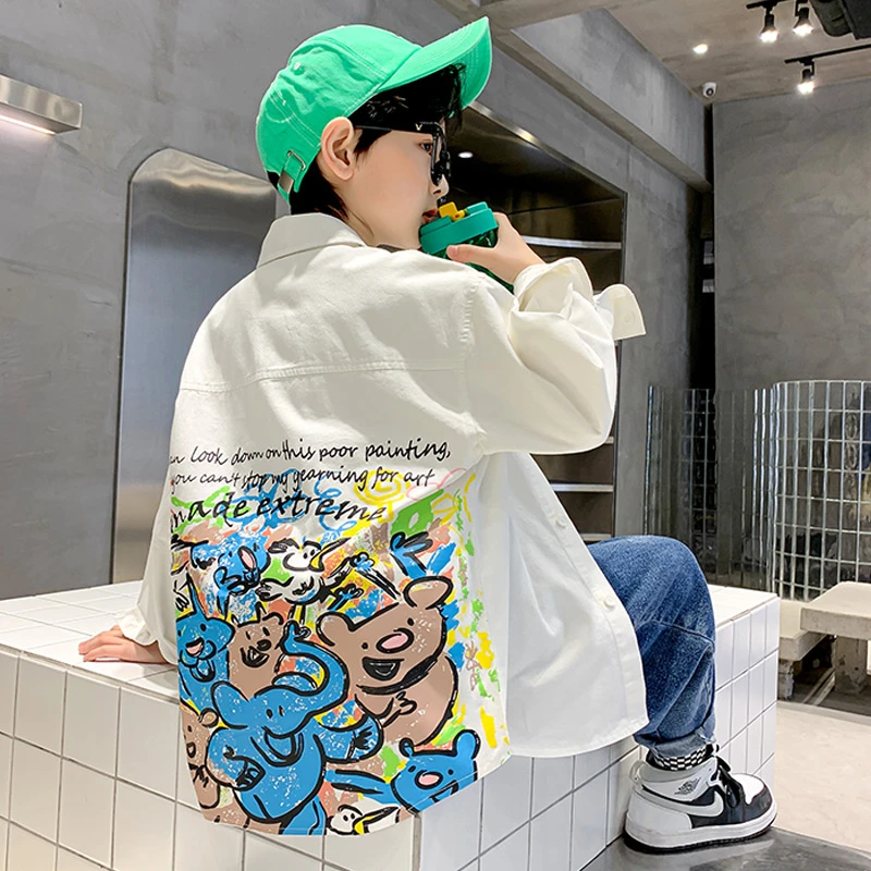 儿童春秋季长袖衬衫2024新款中大童洋气纯棉衬衣男孩帅气休闲外套