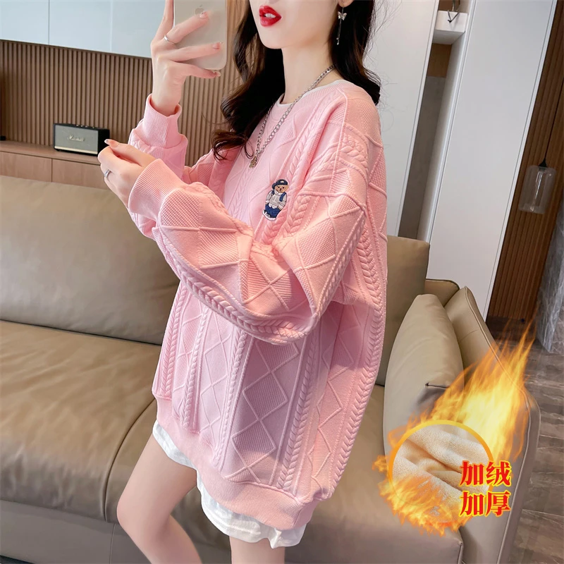 加绒加厚刺绣假两件长袖卫衣女提花设计圆领外套2025秋冬百搭上衣