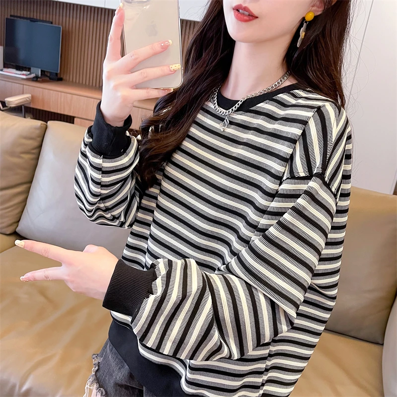 小个子2025新款春秋韩版长袖条纹卫衣女外套宽松小众百搭上衣ins