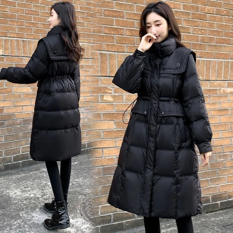 鸭鸭2023新款羽绒服女中长款修身收腰海军立领黑色羽绒服百搭加厚