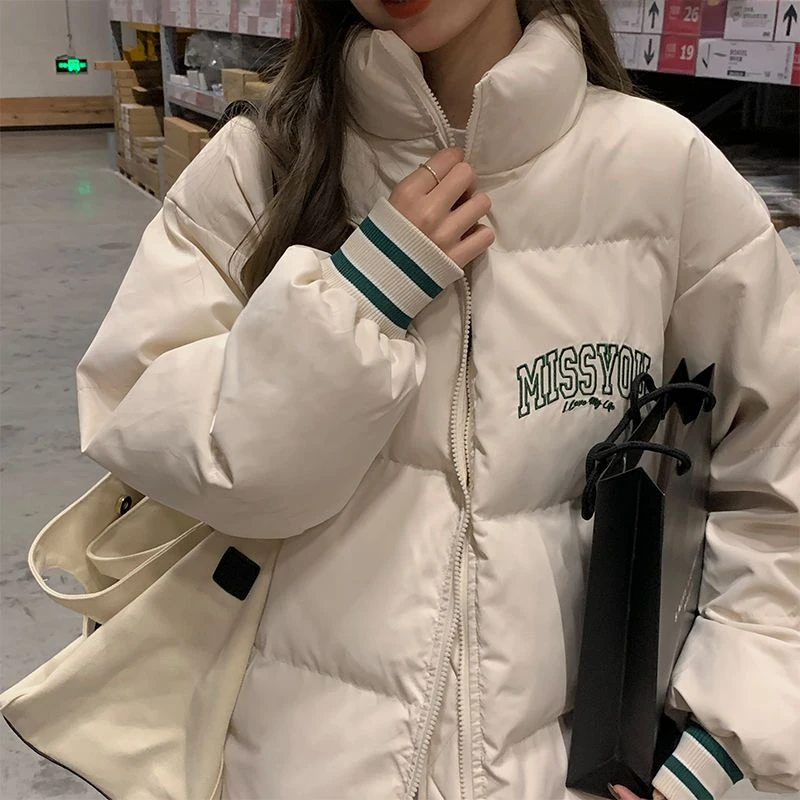 鸭鸭2023年冬季新款韩版宽松绣花学生面包服羽绒服女羽绒服加厚保