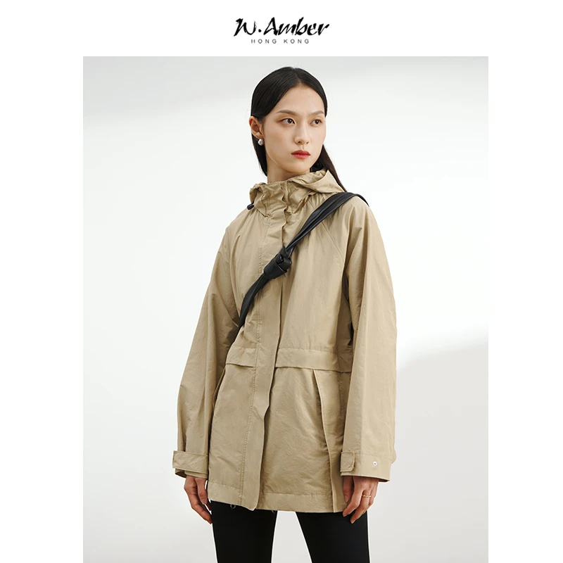 W.Amber连帽风衣外套女中长款时尚休闲运动风宽松洋气