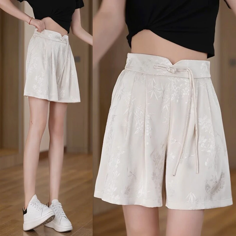胖MM200斤胖妹妹夏季褶皱宽松显瘦休闲国风提花阔腿短裤女