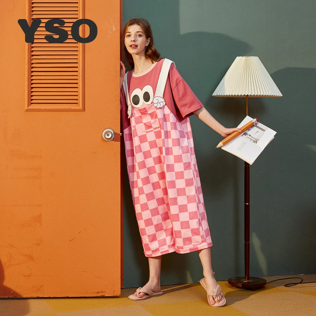 yso大眼仔夏纯棉睡衣女圆领短袖格薄款连体睡衣可外穿家居服女冬D