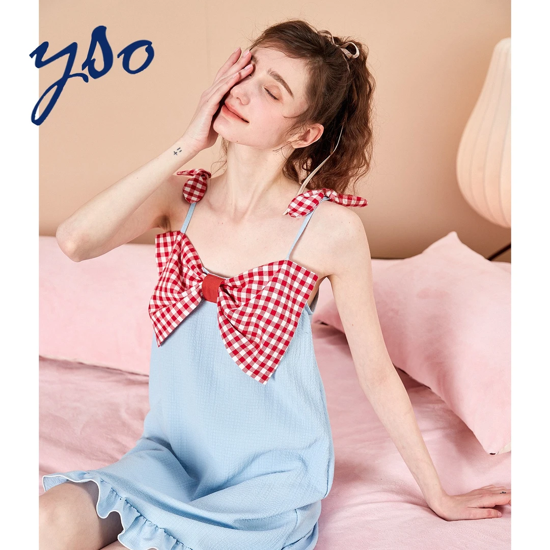 yso夏季新款可爱甜美女时尚宽松睡裙蝴蝶结吊带裙家居服可外穿