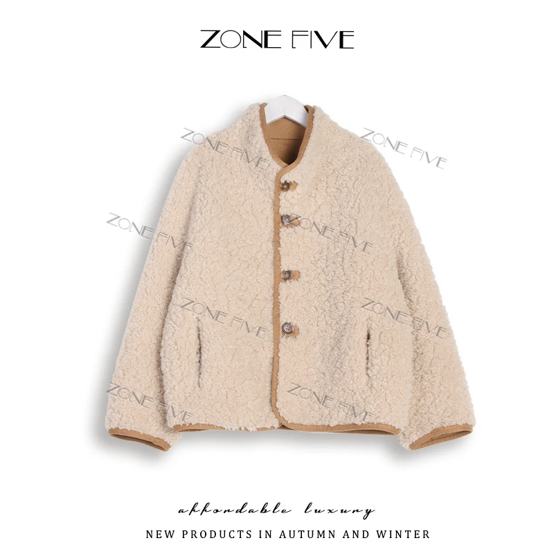 【zonefive】100%羊毛冬季新款双面穿短款立领羊毛颗粒外套#143