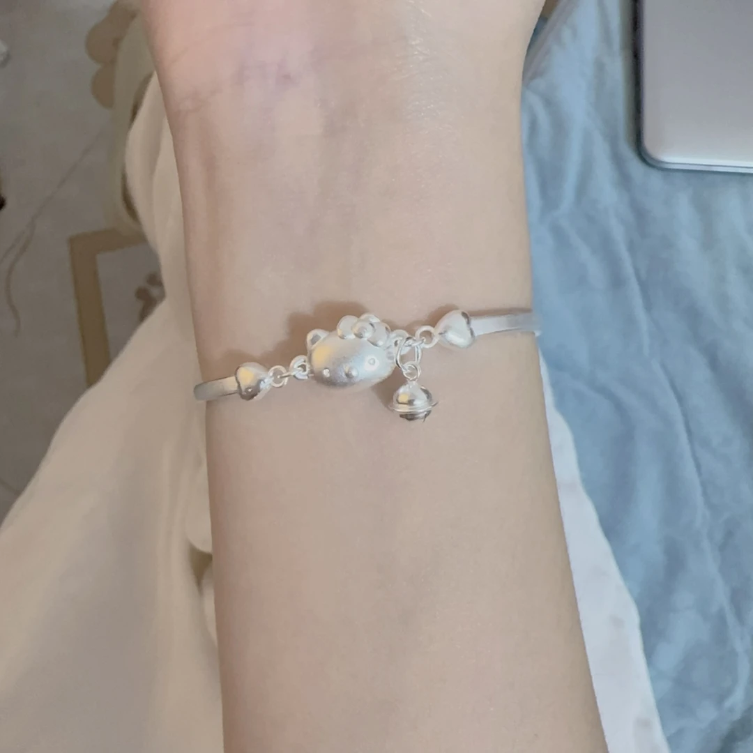 足银手链 999纯银手环Kitty 可爱铃铛凯蒂猫手链可调节送女友礼物