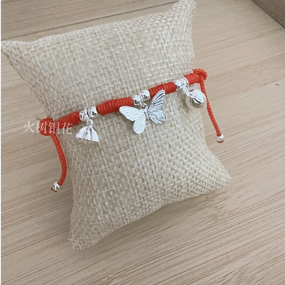 足银脚链 抽拉绳脚链女莲蓬彩绳编织纯银蝴蝶脚绳银饰手绳