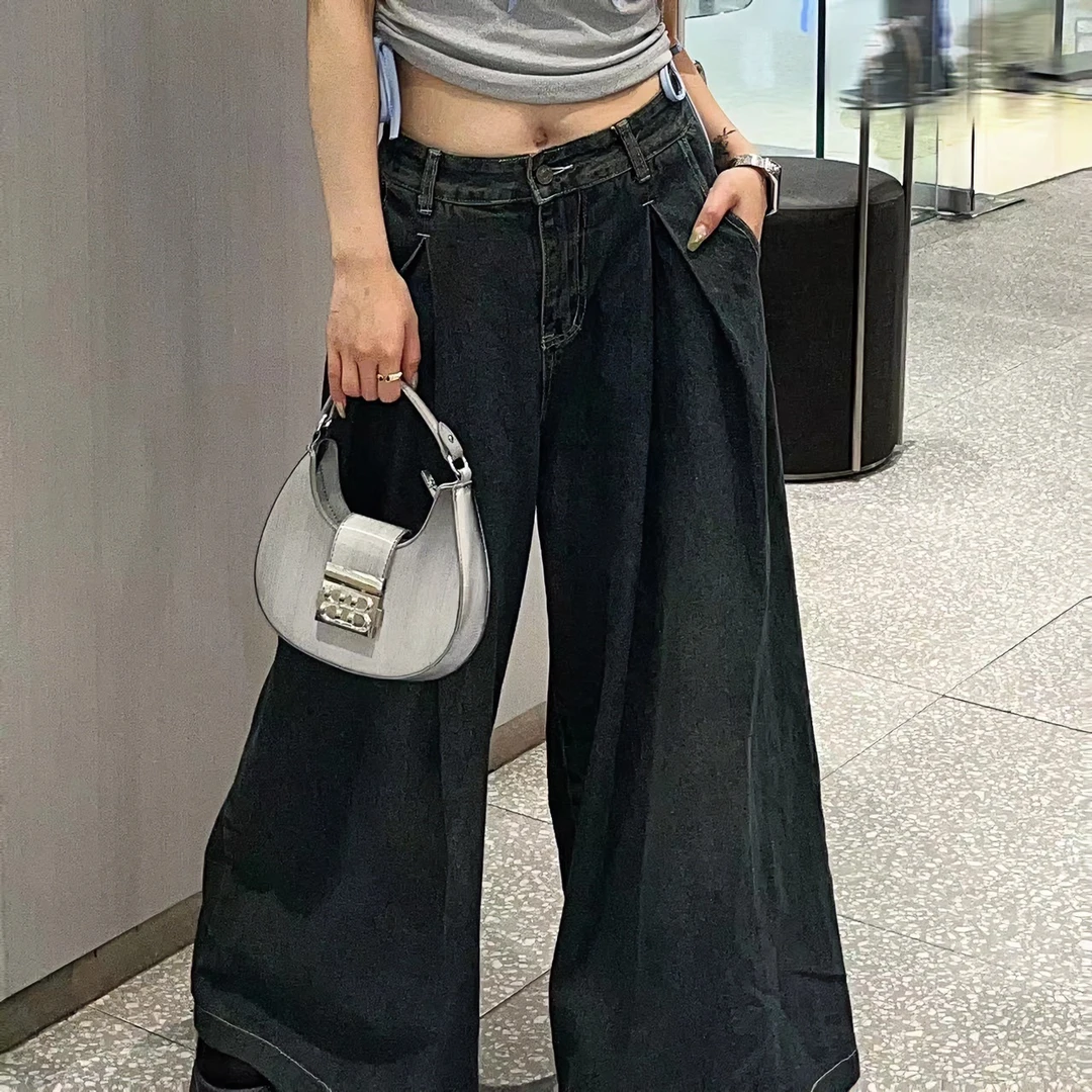 【yo】复古牛仔裤女高腰宽松水洗做旧大阔腿拖地百搭长裤子夏季显瘦