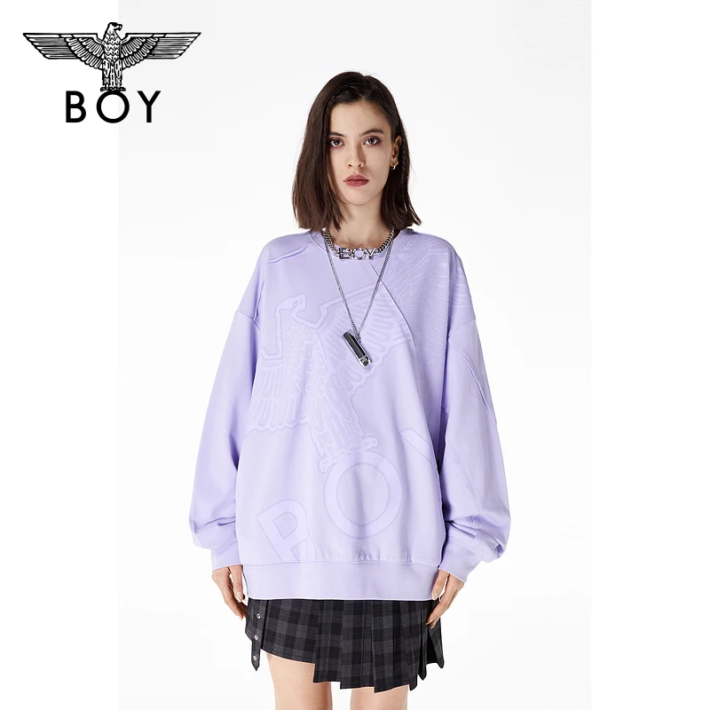 BOYLONDON情侣款 新品香芋紫老鹰LOGO翅膀印花叠加圆领卫衣N03022