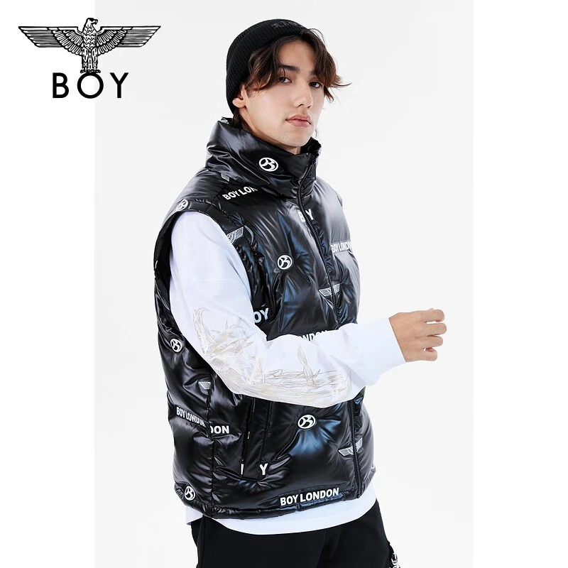 BOYLONDON潮牌羽绒马甲男女同款秋冬满印黑色无帽立领背心 N30001