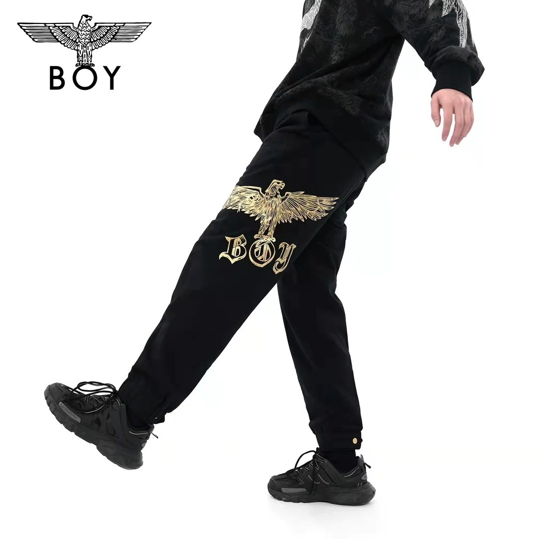 BOYLONDON潮牌长裤男女同款春季新款烫金字母老鹰休闲裤  N15016