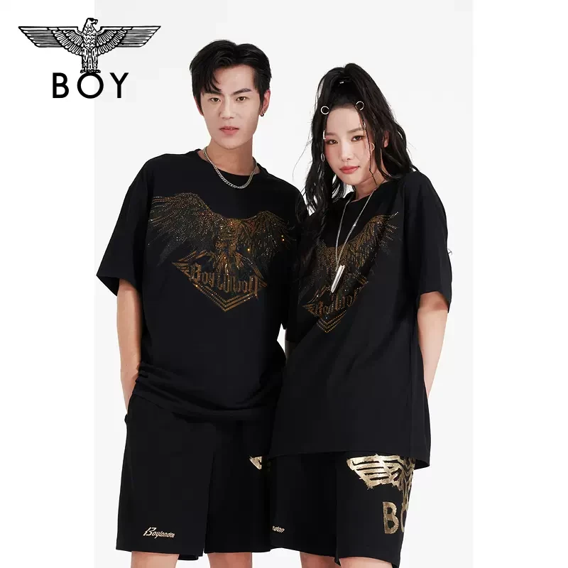 BOYLONDON短袖情侣款春夏新品烫钻老鹰翅膀印花朋克圆领T恤N01035