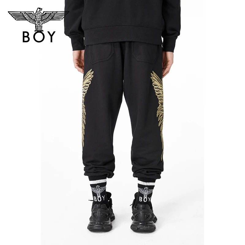 BOYLONDON休闲裤男女同款春夏新品黑金刺绣翅膀束口长裤N15001