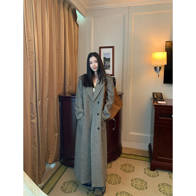 王少女的店【现】花灰色韩版中长款毛呢外套加厚保暖大衣 N24669S44