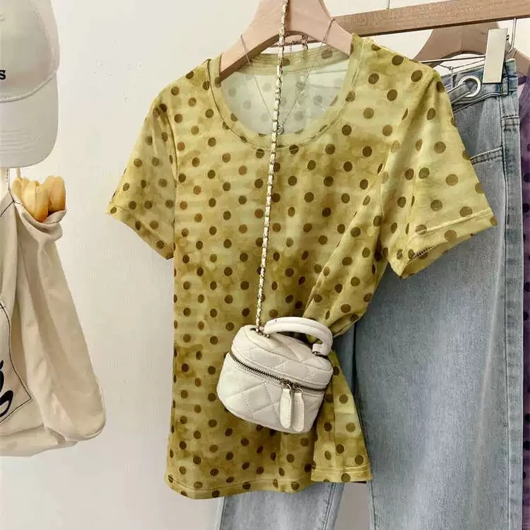 扎染波点短袖网纱t恤女设计感夏季洋气漂亮小衫弹力打底甜辣上衣