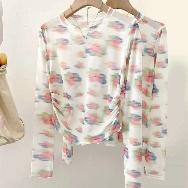 复古水墨扎染网纱薄款长袖T恤女夏新款抽绳防晒罩衫纱衣短款上衣