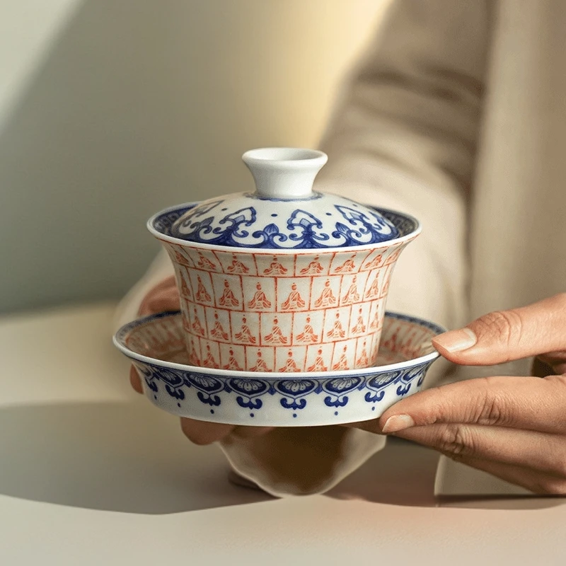 青花千佛马蹄盖碗三才景德镇精品釉下彩茶具茶杯釉里红瓷茶盖碗