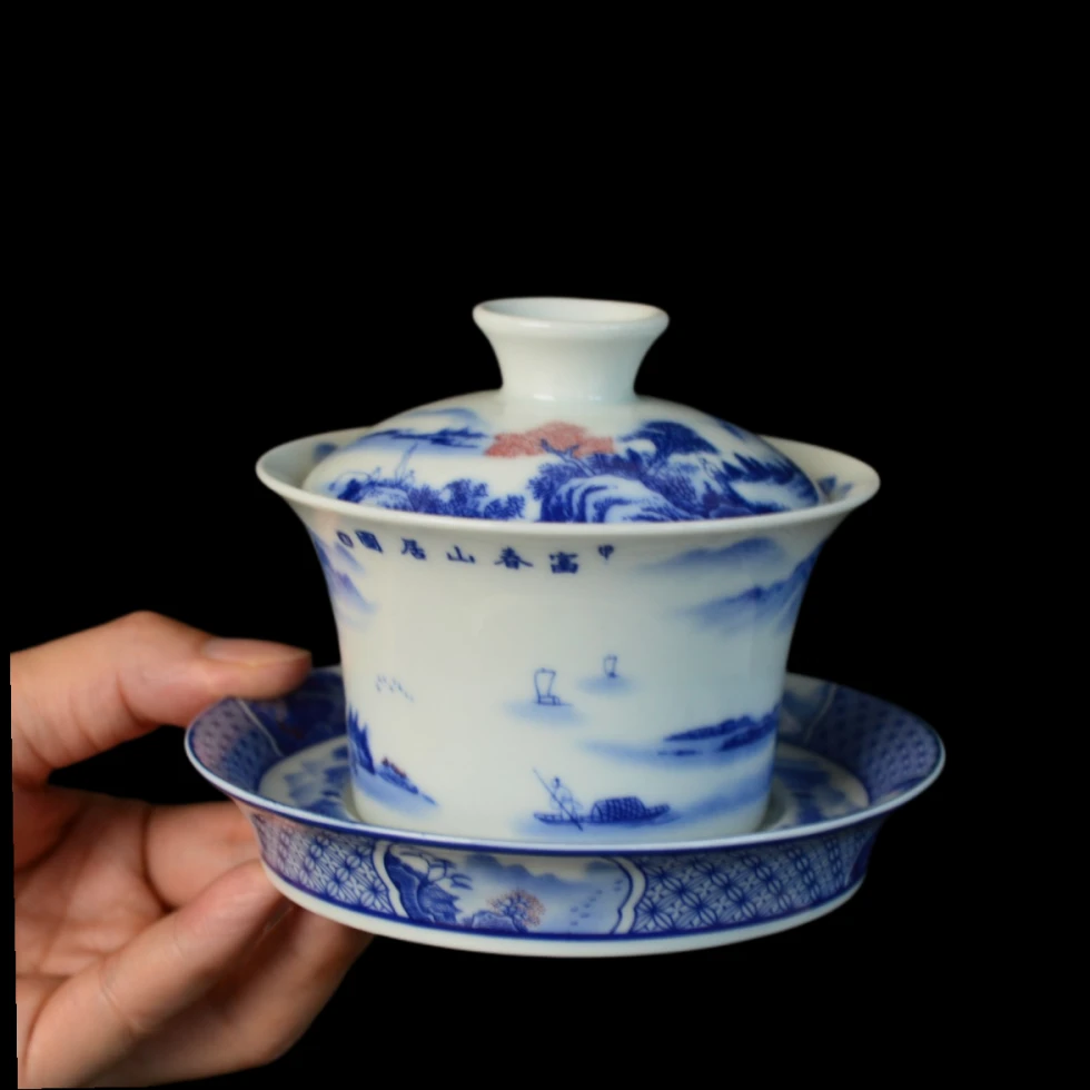 景德镇青花瓷富春山居图景德镇三才盖碗高端茶器家用釉里红茶盖碗