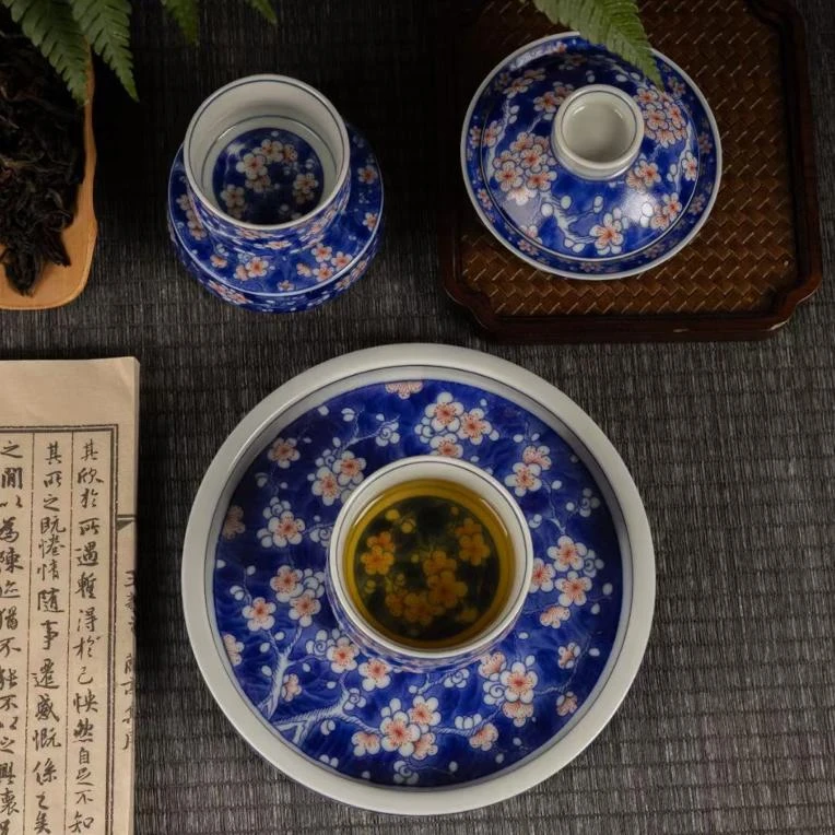 青花釉里红冰梅盖碗景德镇高温陶瓷枢府釉盖碗壶承主人杯盖置