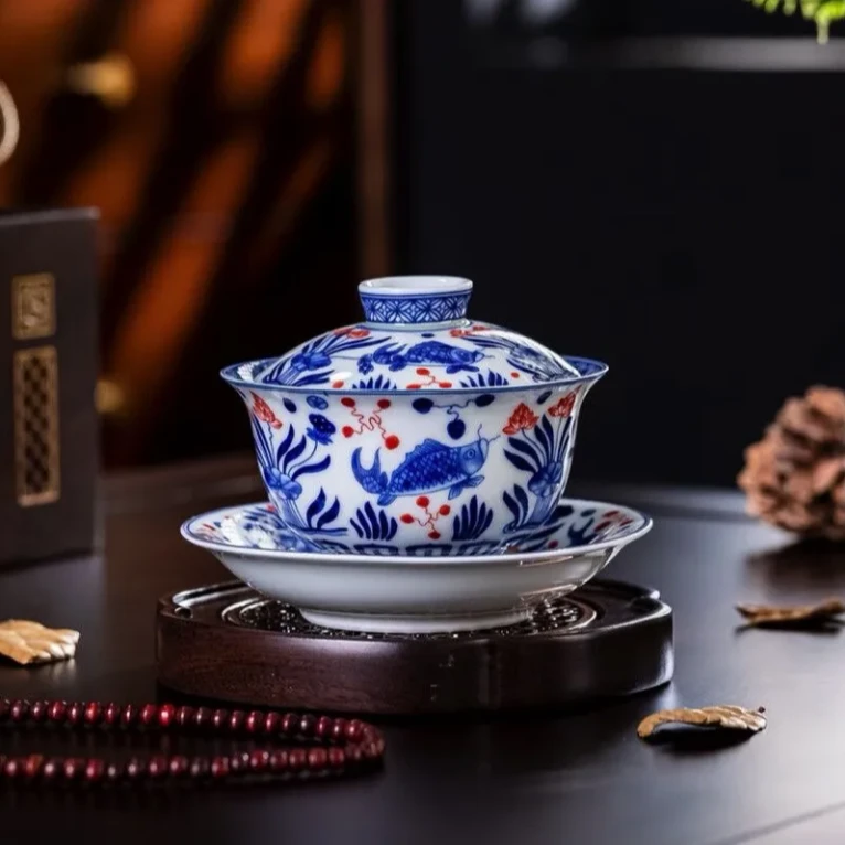 景德镇青花瓷鱼藻纹三才盖碗中式高端茶具泡茶神器家用大容量大号