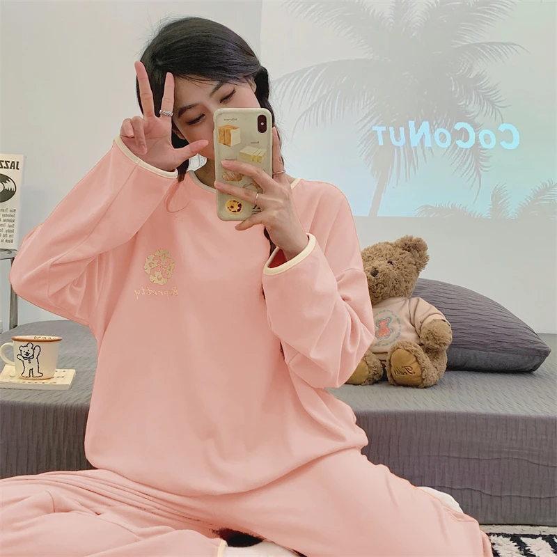 2024防寒德绒睡衣女秋冬季保暖简约休闲纯色家居服两件套可外穿