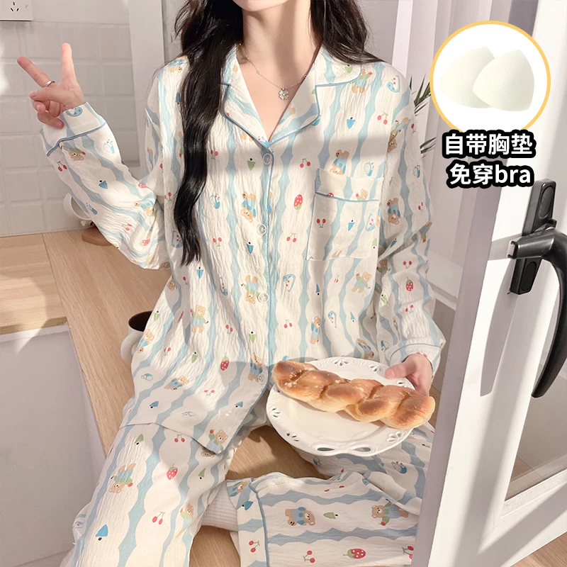 芯语婷樱桃小熊带胸垫泡泡纱睡衣女士长袖家居服套装春秋冬季5303