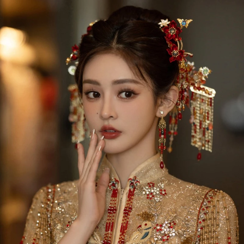 Kadimeixue/卡帝美学新款头饰X1087红色秀禾结婚大气金色新娘流苏