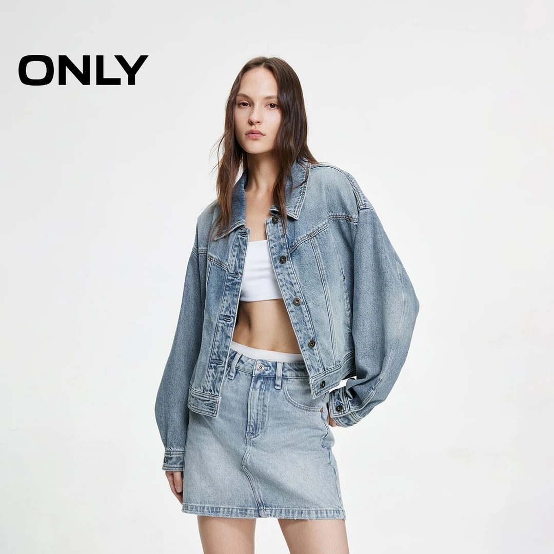 ONLY2025春季新款时尚复古做旧朋克风翻领牛仔短外套女|125154011