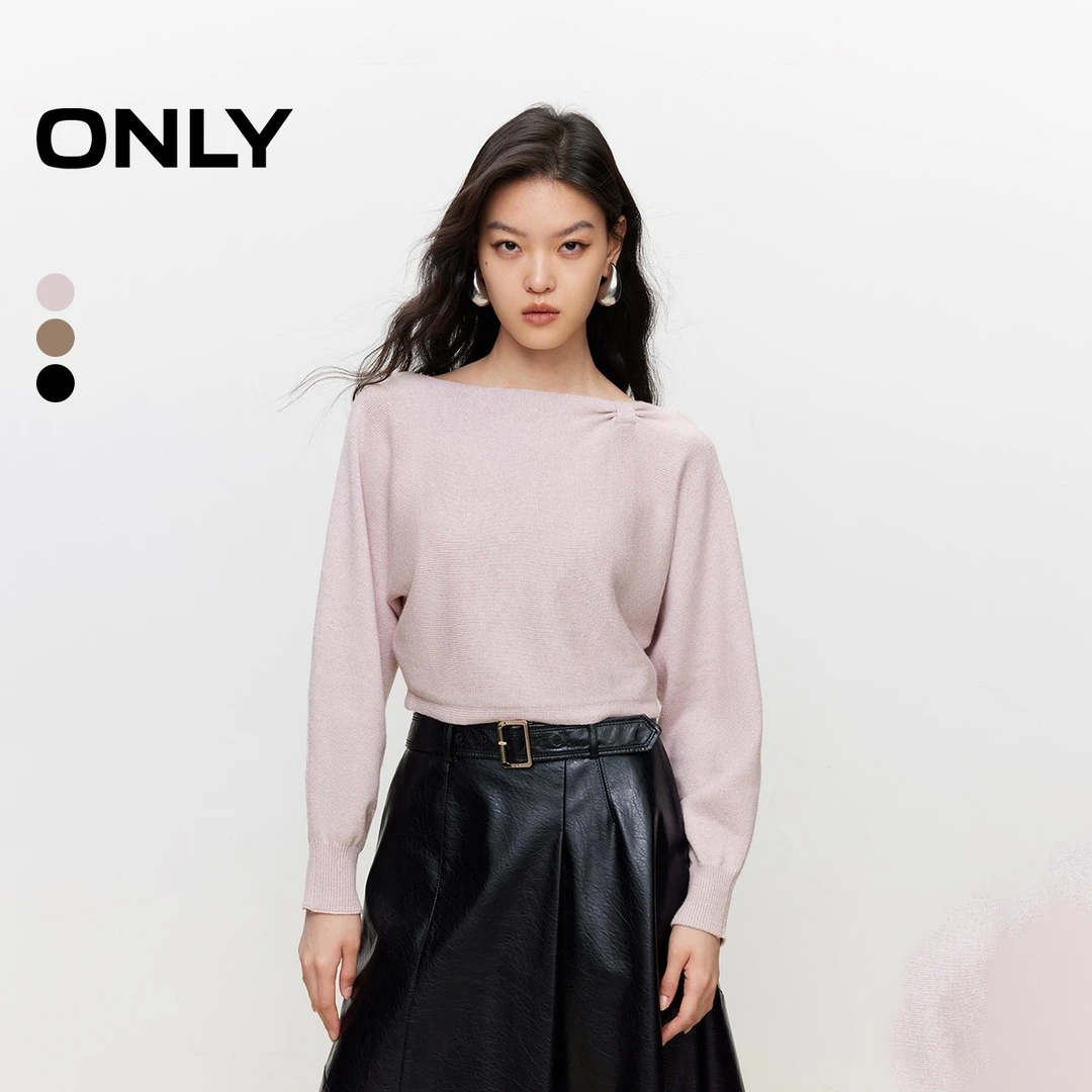 ONLY2025冬季新款简约一字领蝙蝠袖纯色短款针织衫女|124413067