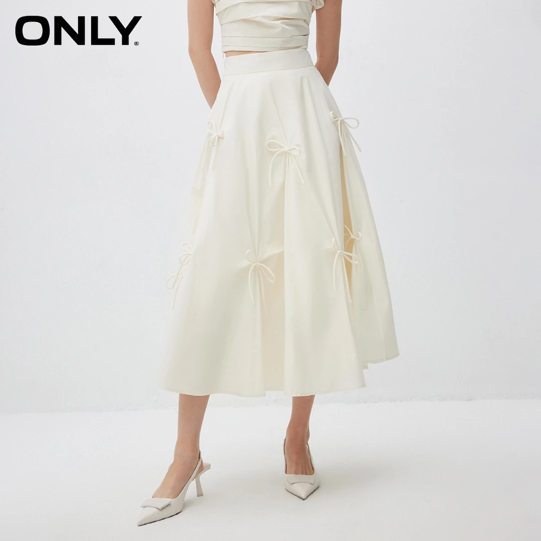 ONLY2025春季新款时尚简约中长款A字裙蝴蝶结半身裙女|125116009