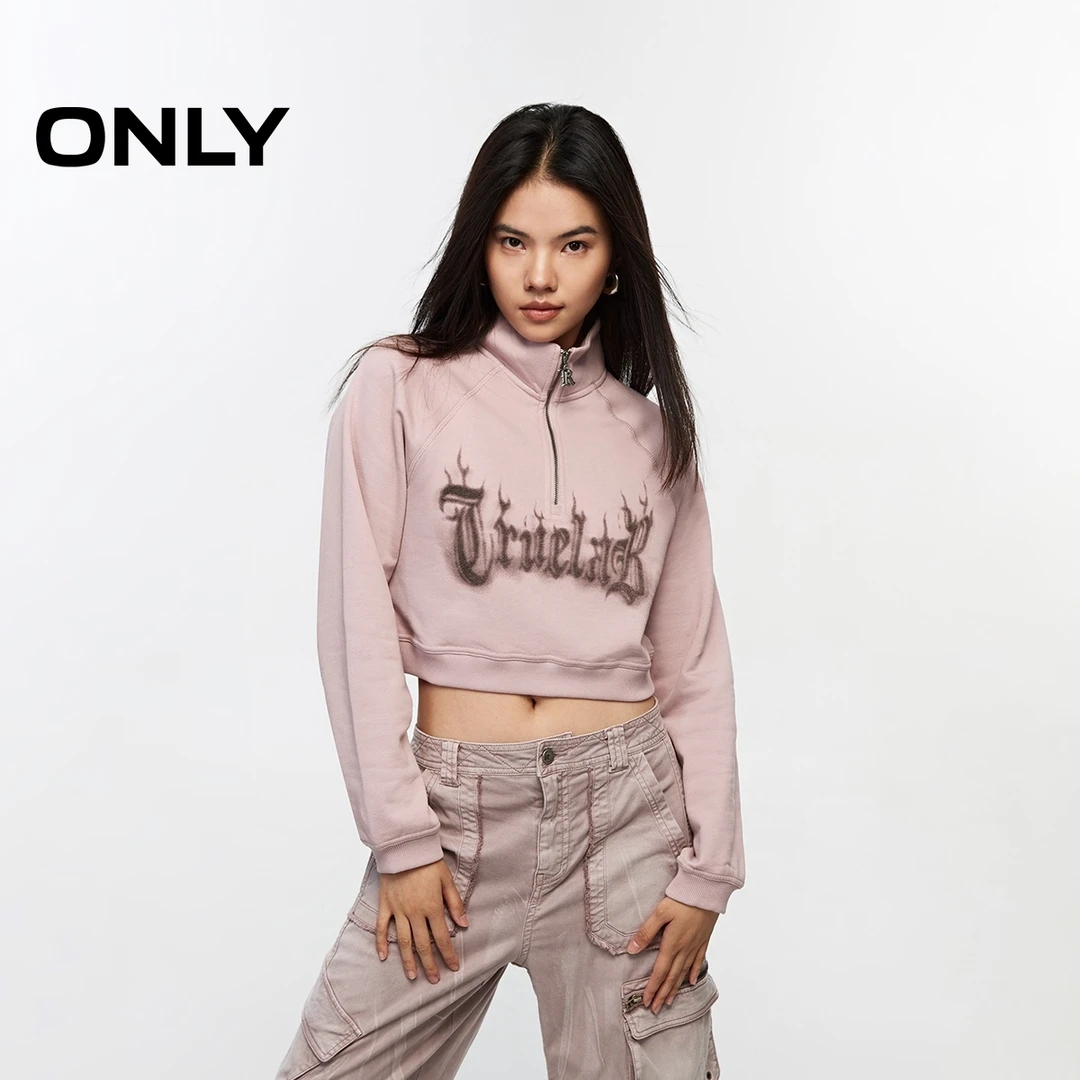 ONLY2025秋季新款时尚百搭字母印花纯棉短款立领卫衣女|12439S001