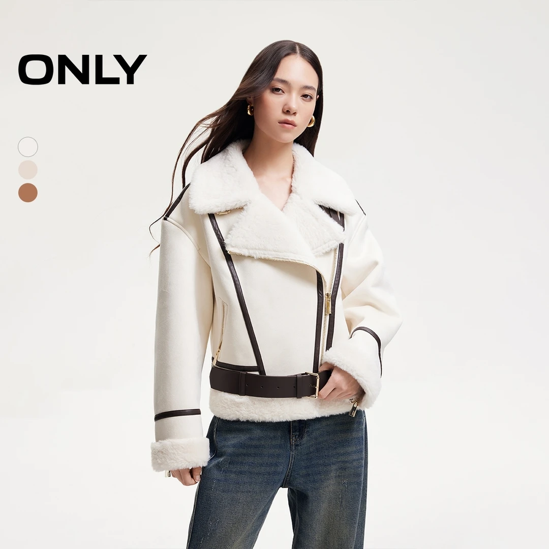 ONLY2025冬季新款落肩大翻领双层门襟PU夹克外套女|1244PU007