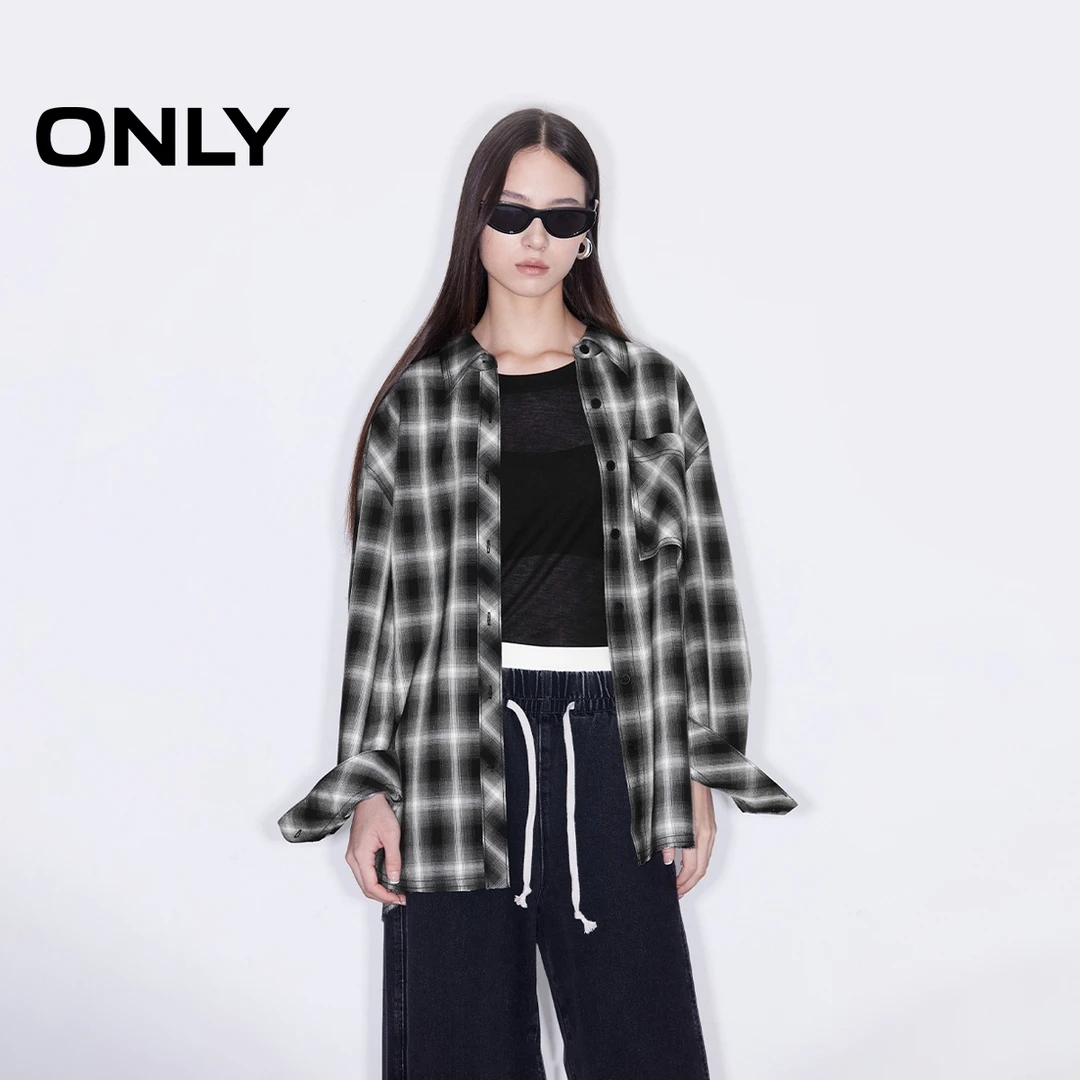 ONLY2024冬季新款休闲百搭宽松落肩口袋翻领格纹衬衫女|125105003